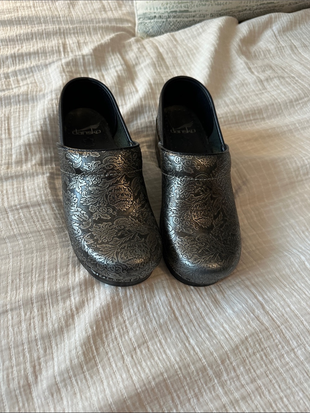 Dansko Metallic Floral Clogs in Silver and Black